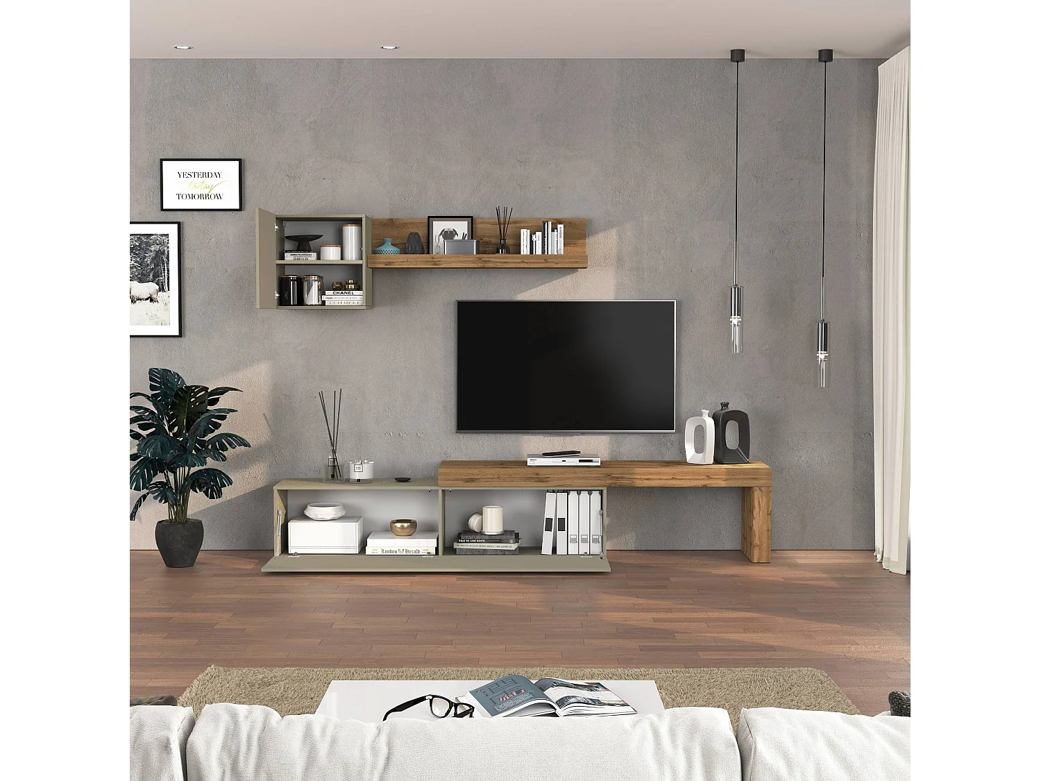 Parete attrezzata Chronos set soggiorno tortora opaco e rovere 190/350x40 cm