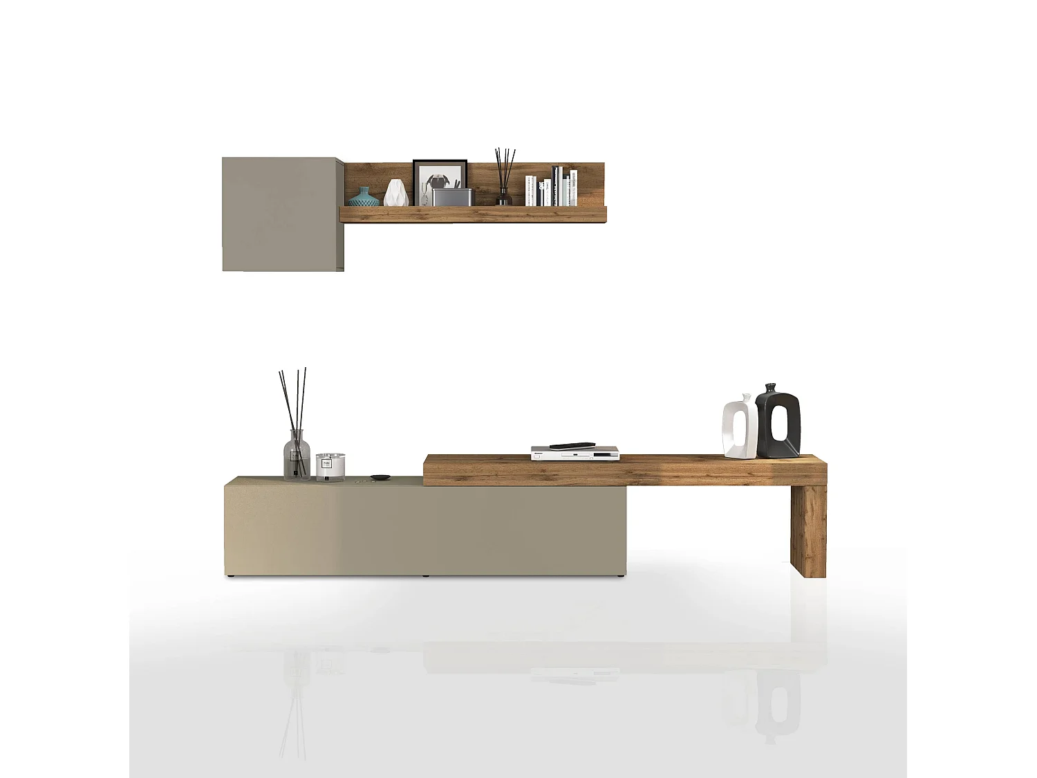 Parete attrezzata Chronos set soggiorno tortora opaco e rovere 190/350x40 cm