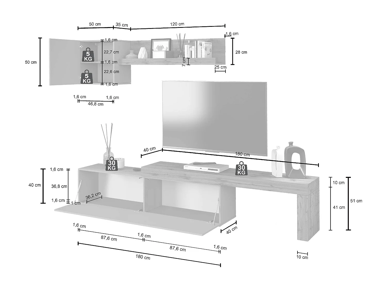 Parete attrezzata Chronos set soggiorno tortora opaco e rovere 190/350x40 cm