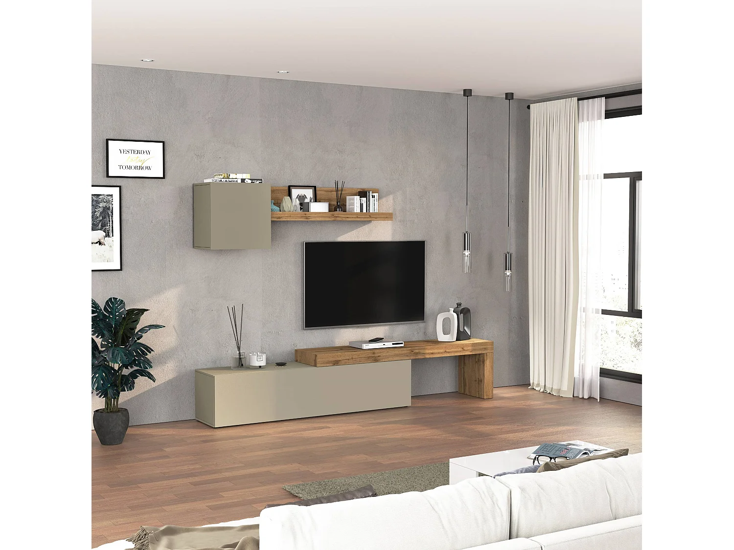 Parete attrezzata Chronos set soggiorno tortora opaco e rovere 190/350x40 cm