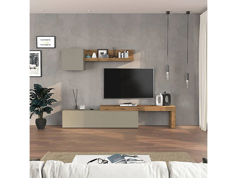 Parete attrezzata Chronos set soggiorno tortora opaco e rovere 190/350x40 cm