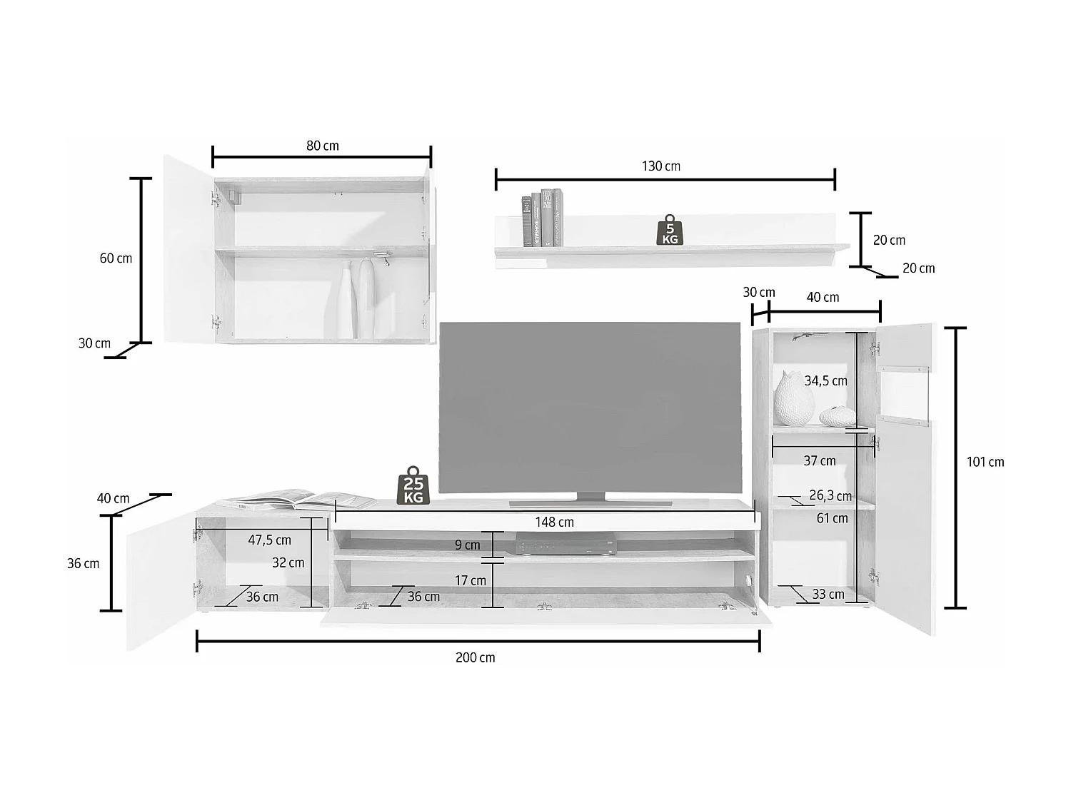 Parete attrezzata Potenza set soggiorno bianco lucido 240x40x160 cm
