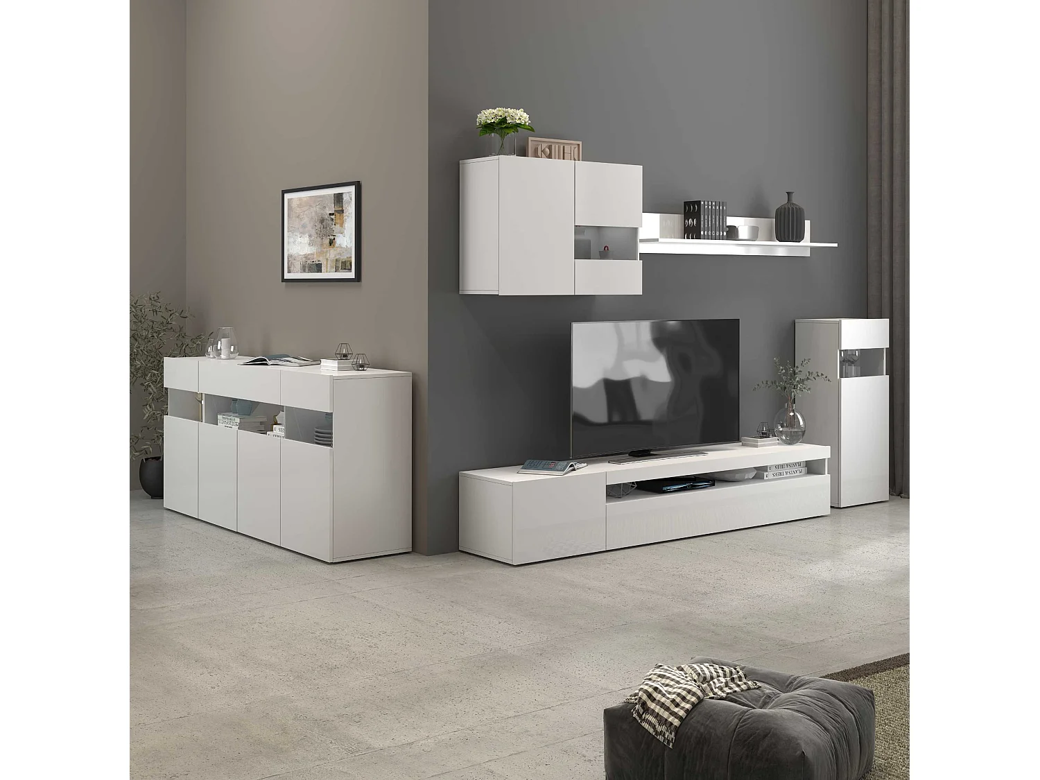 Parete attrezzata Potenza set soggiorno bianco lucido 240x40x160 cm