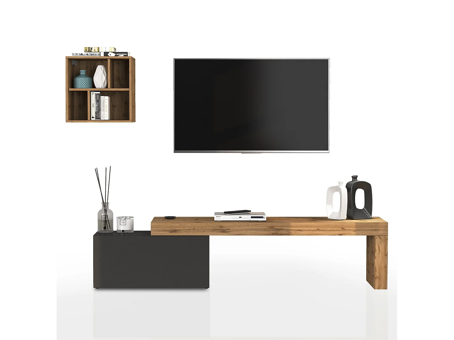 Conjunto de mueble de TV Chronos para salón, color antracita mate y roble, 180/260 x 40 cm