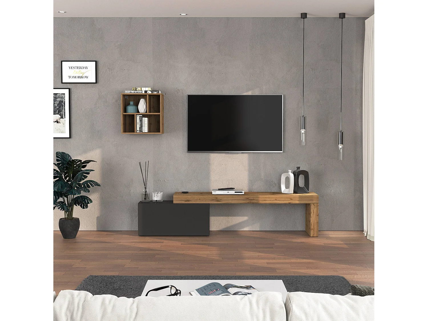 Conjunto de mueble de TV Chronos para salón, color antracita mate y roble, 180/260 x 40 cm