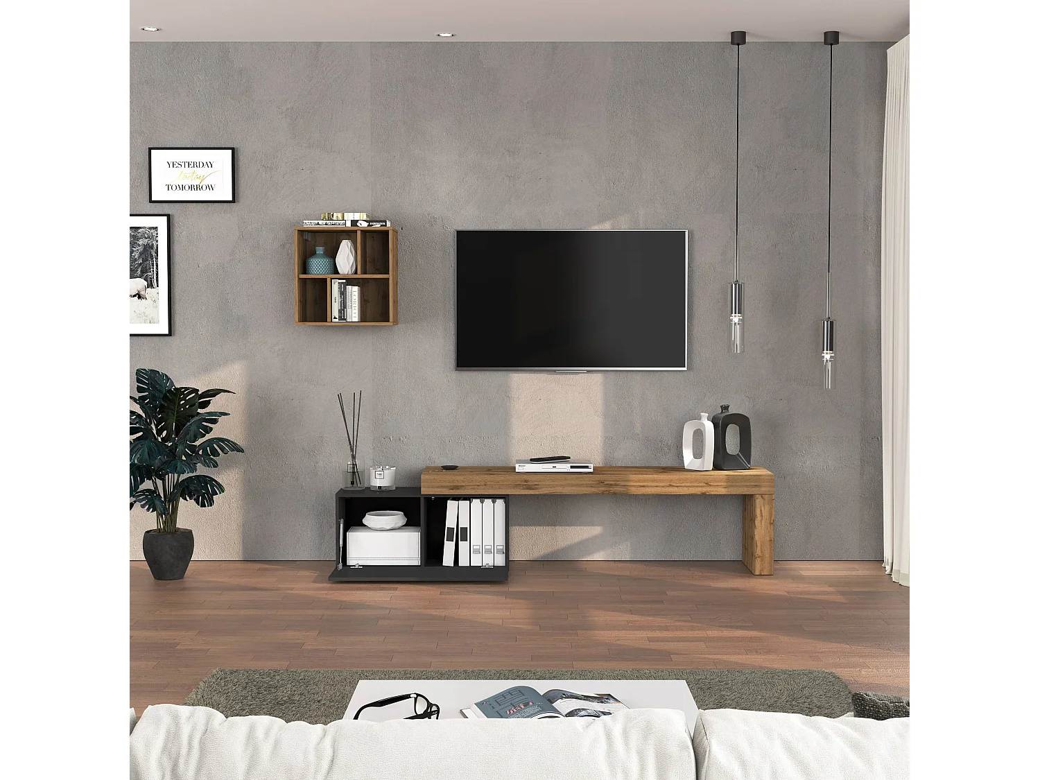 Conjunto de mueble de TV Chronos para salón, color antracita mate y roble, 180/260 x 40 cm