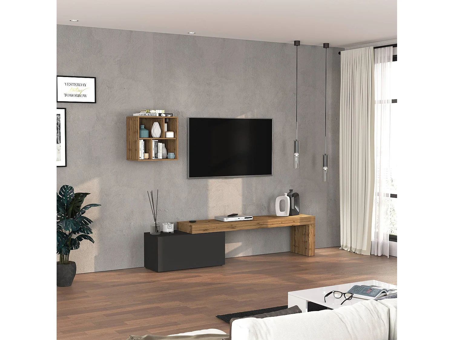 Conjunto de mueble de TV Chronos para salón, color antracita mate y roble, 180/260 x 40 cm