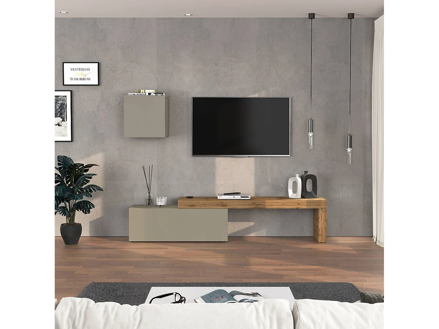 Parete attrezzata Chronos set soggiorno tortora opaco e rovere 180/290x40 cm