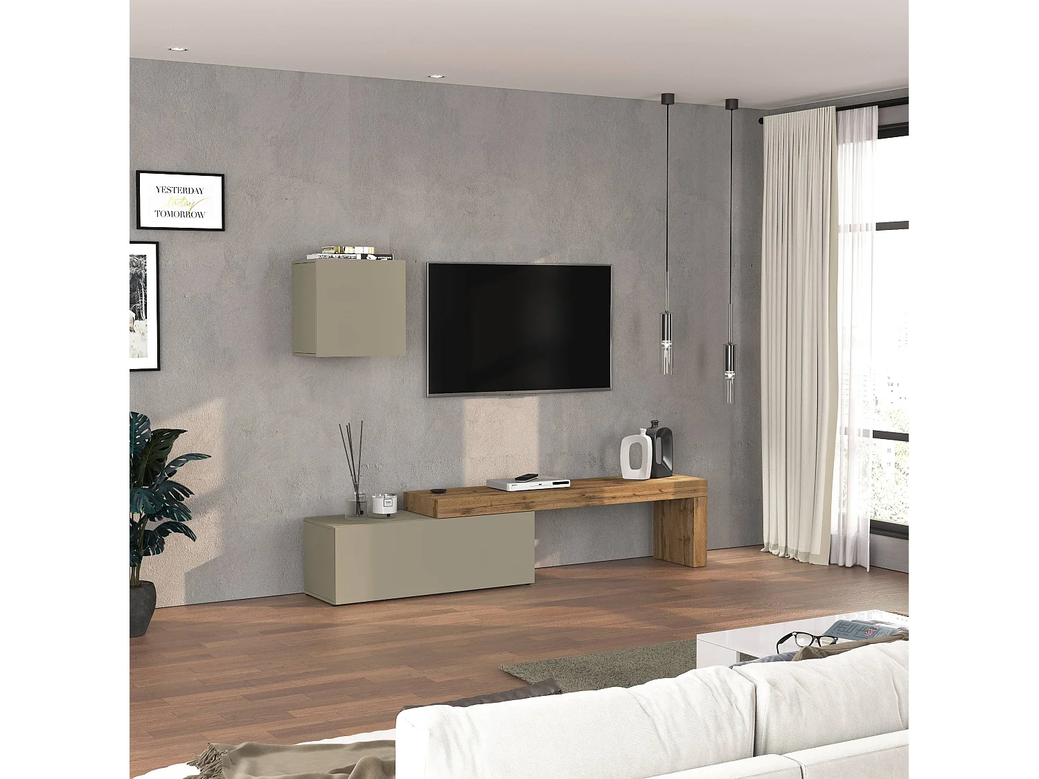 Parete attrezzata Chronos set soggiorno tortora opaco e rovere 180/290x40 cm