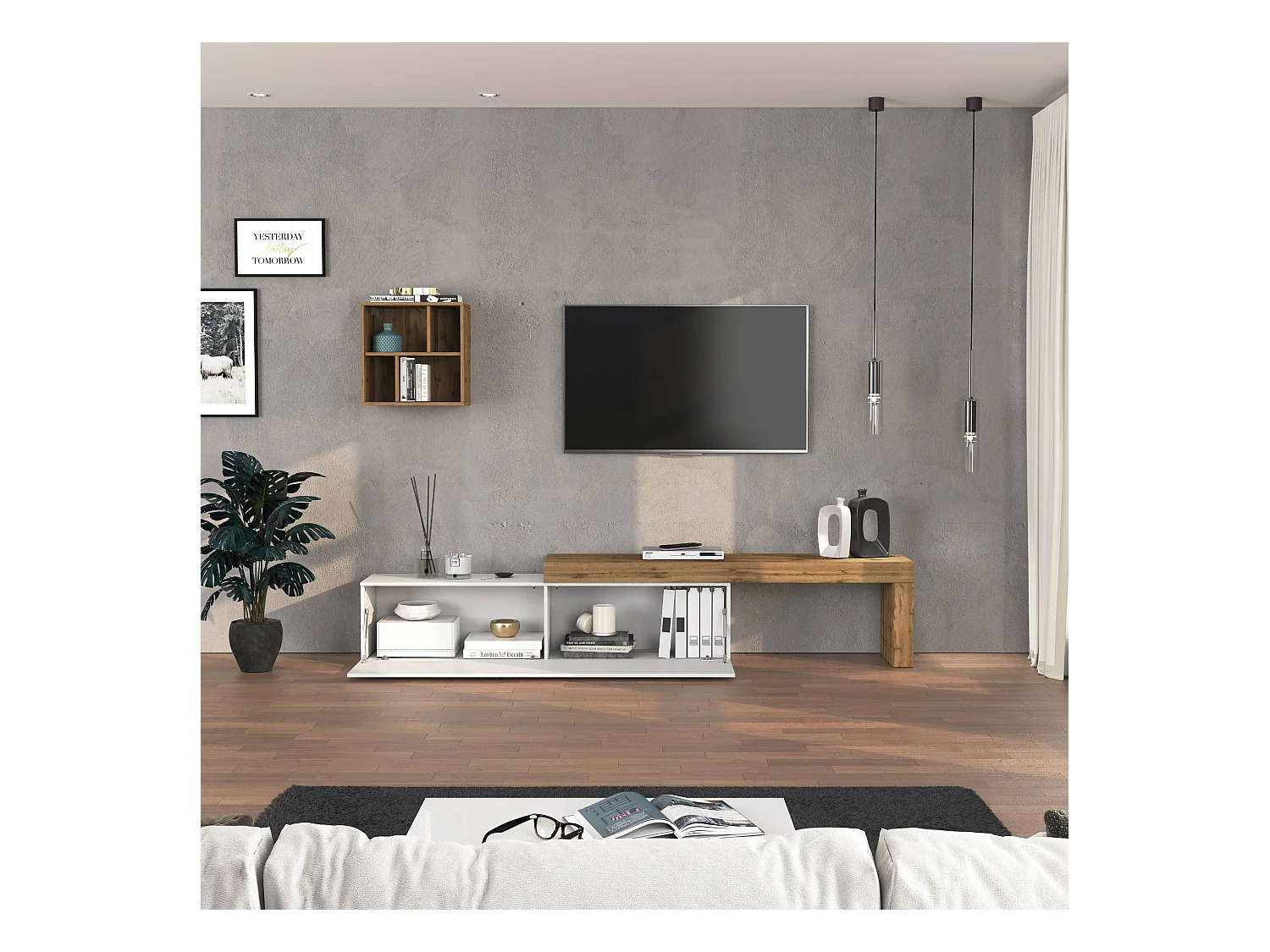 Parete attrezzata Chronos set soggiorno bianco lucido e rovere 190/350x40 cm