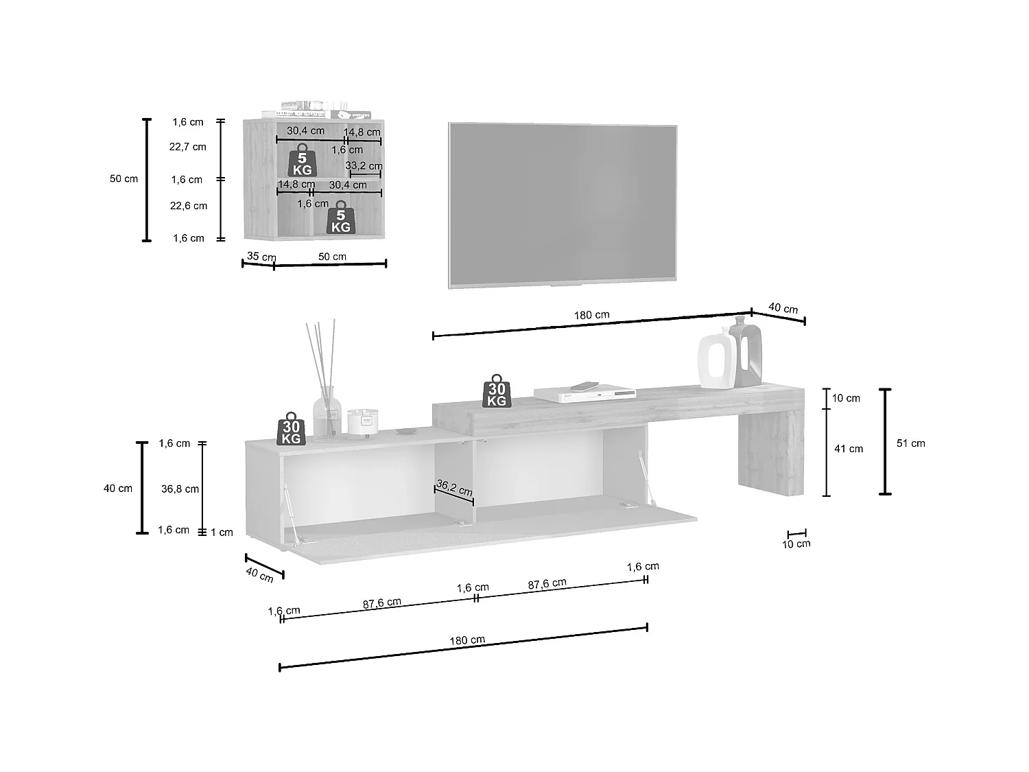Parete attrezzata Chronos set soggiorno bianco lucido e rovere 190/350x40 cm