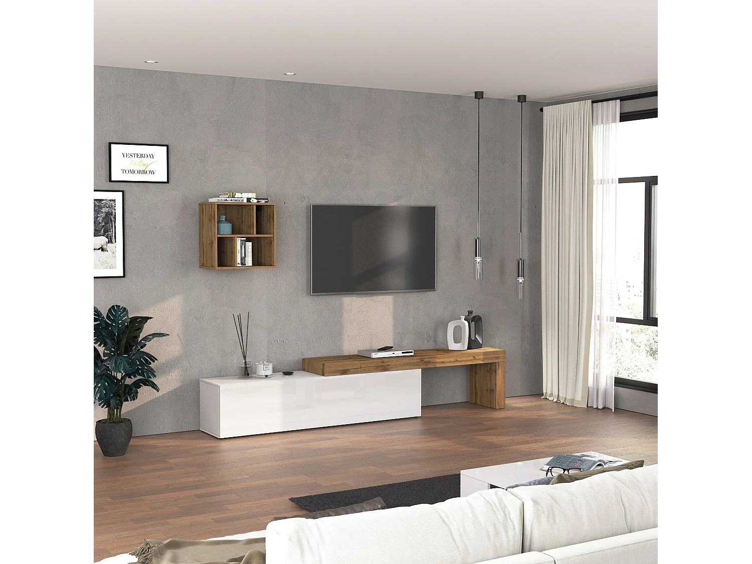 Parete attrezzata Chronos set soggiorno bianco lucido e rovere 190/350x40 cm