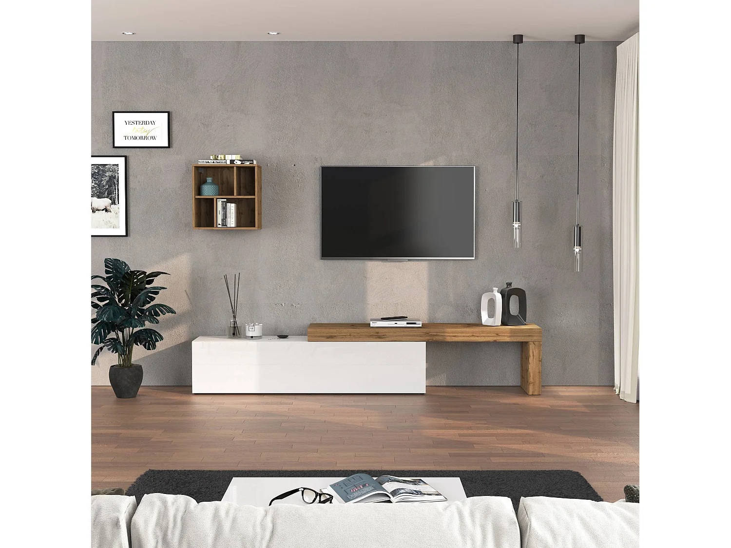 Conjunto de mueble de TV Chronos blanco brillo y roble 190/350x40 cm