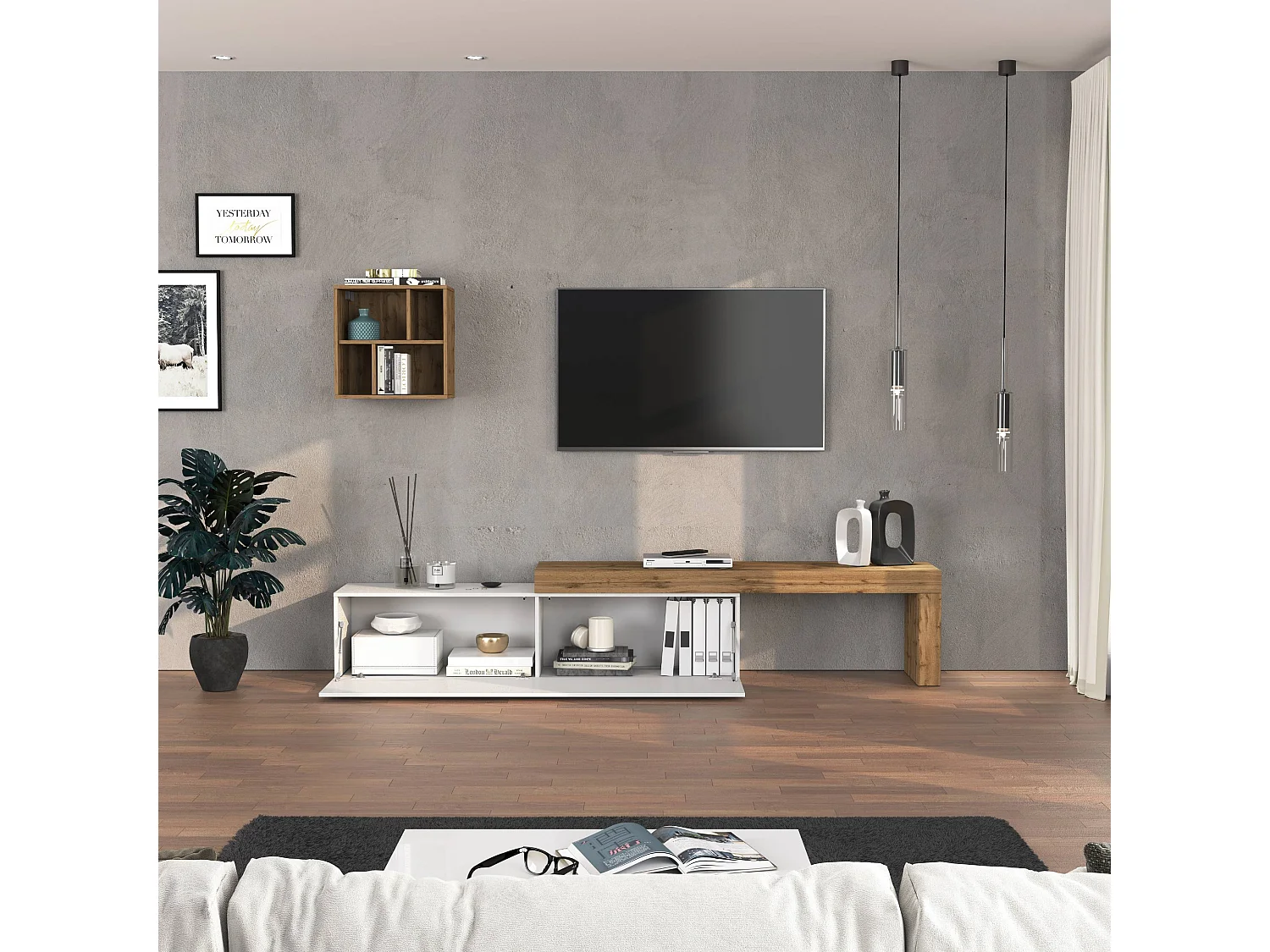 Conjunto de mueble de TV Chronos blanco brillo y roble 190/350x40 cm