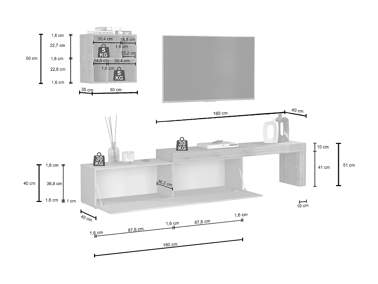 Conjunto de mueble de TV Chronos blanco brillo y roble 190/350x40 cm
