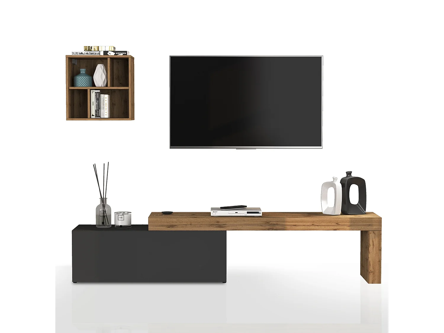 Conjunto de mueble de TV Chronos para salón en gris antracita mate y roble 180/290x40 cm