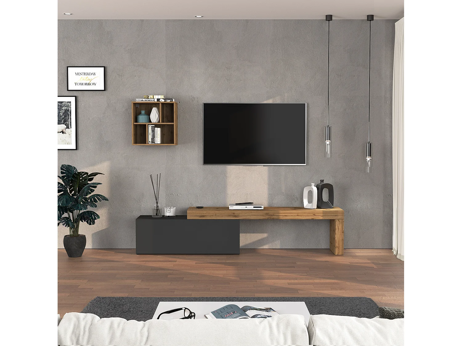 Conjunto de mueble de TV Chronos para salón en gris antracita mate y roble 180/290x40 cm