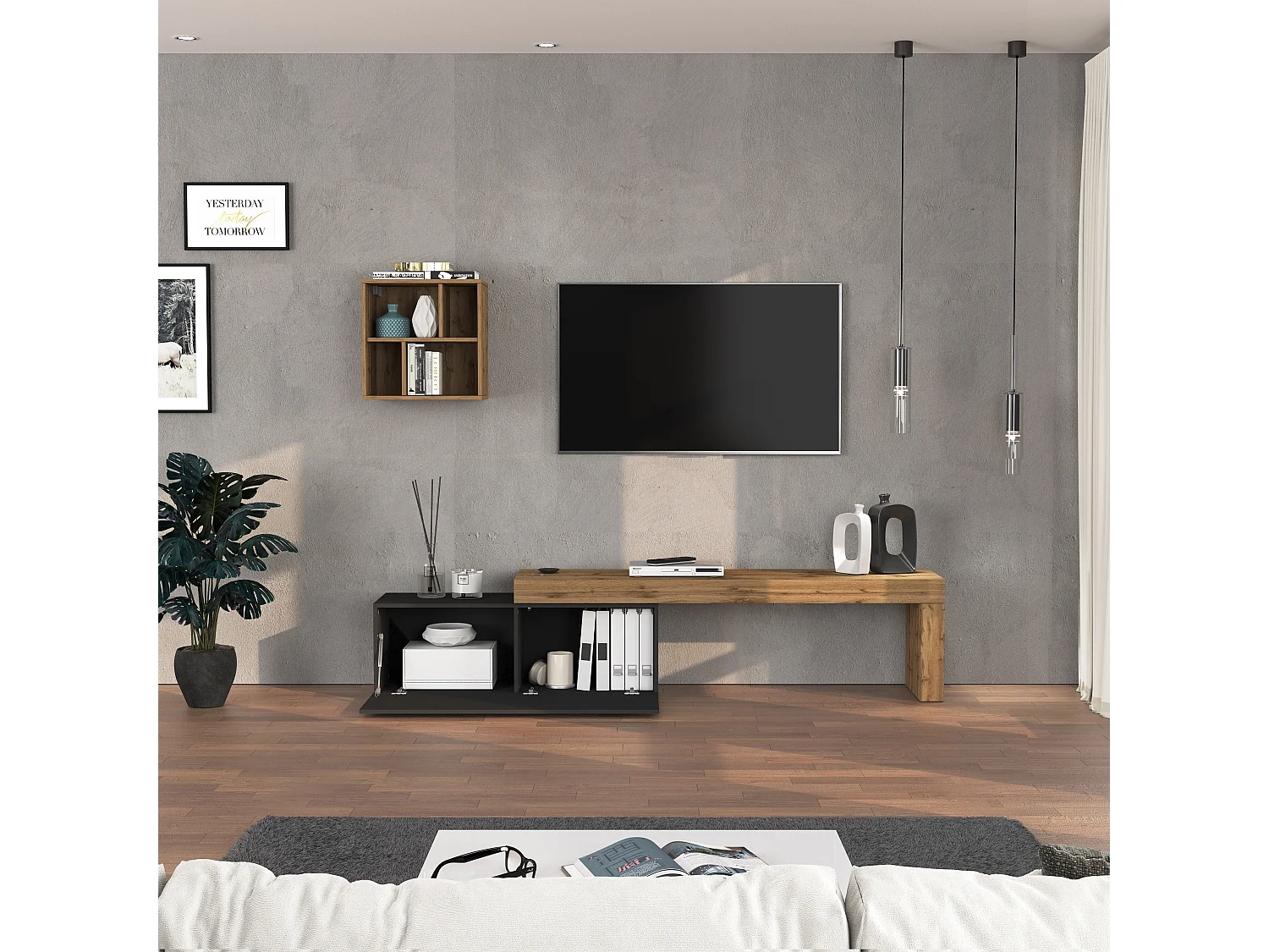 Conjunto de mueble de TV Chronos para salón en gris antracita mate y roble 180/290x40 cm