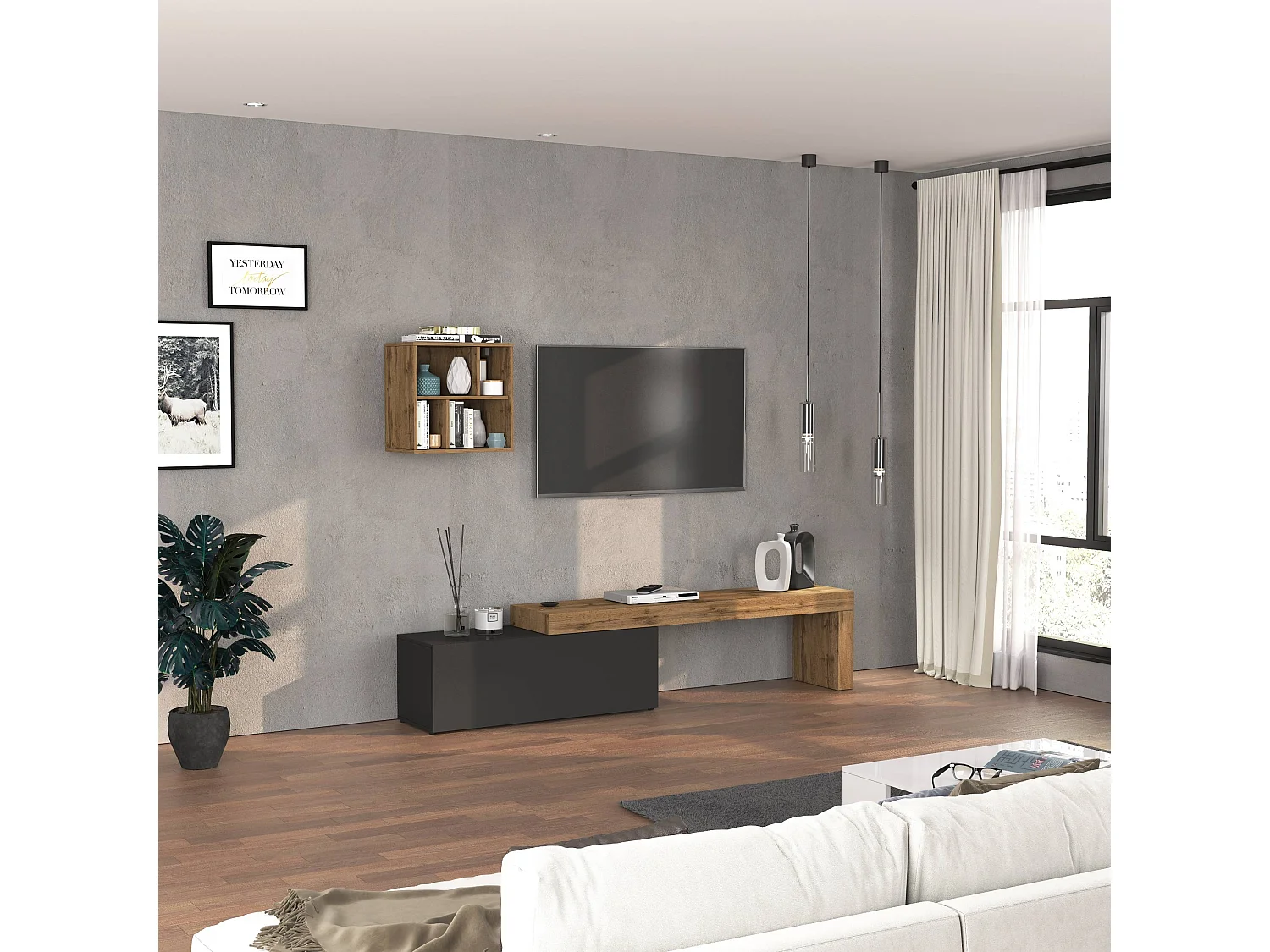 Conjunto de mueble de TV Chronos para salón en gris antracita mate y roble 180/290x40 cm