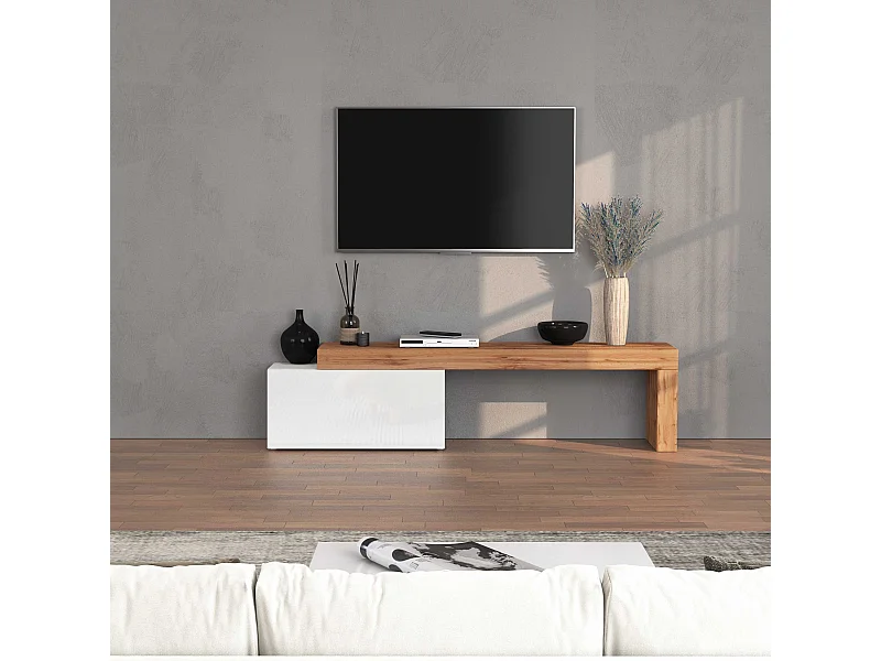 Mobile porta tv Chronos estensibile con 1 anta a ribalta bianco/rovere 180/260x40x51 cm