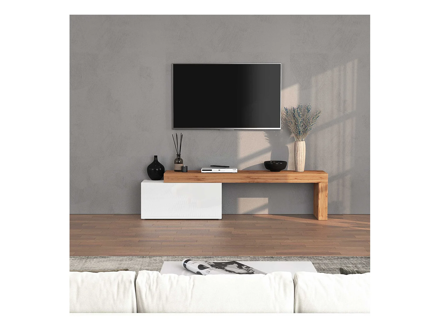 Mobile porta tv Chronos estensibile con 1 anta a ribalta bianco/rovere 180/260x40x51 cm