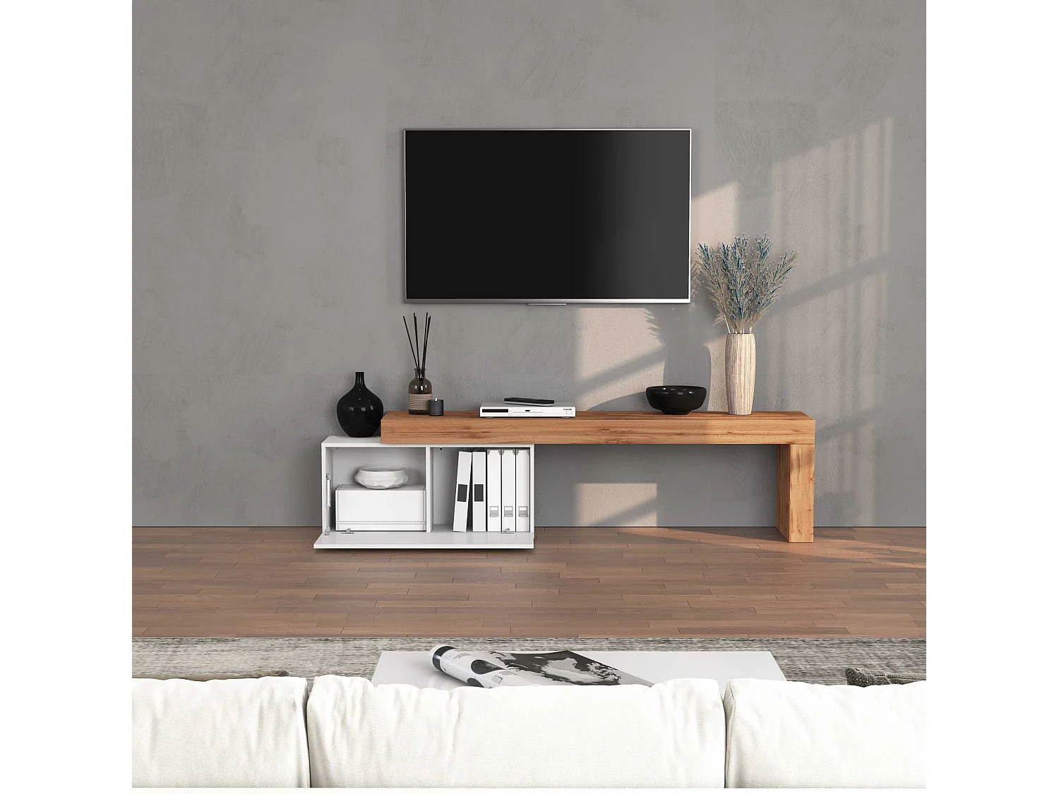Mobile porta tv Chronos estensibile con 1 anta a ribalta bianco/rovere 180/260x40x51 cm