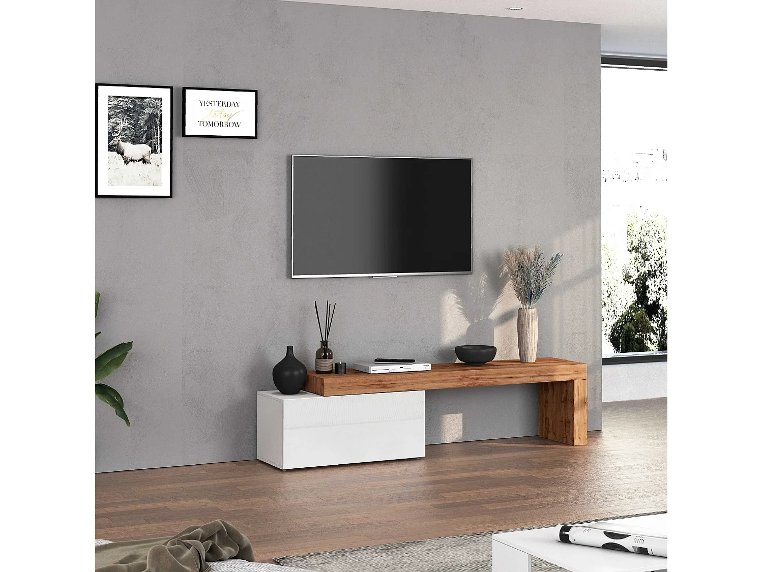 Mobile porta tv Chronos estensibile con 1 anta a ribalta bianco/rovere 180/260x40x51 cm