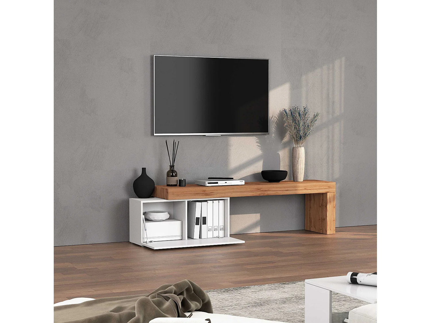 Mobile porta tv Chronos estensibile con 1 anta a ribalta bianco/rovere 180/260x40x51 cm