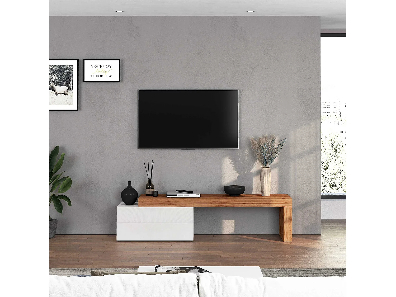 Mueble TV Chronos extensible con 1 puerta abatible blanco/roble 180/260x40x51 cm
