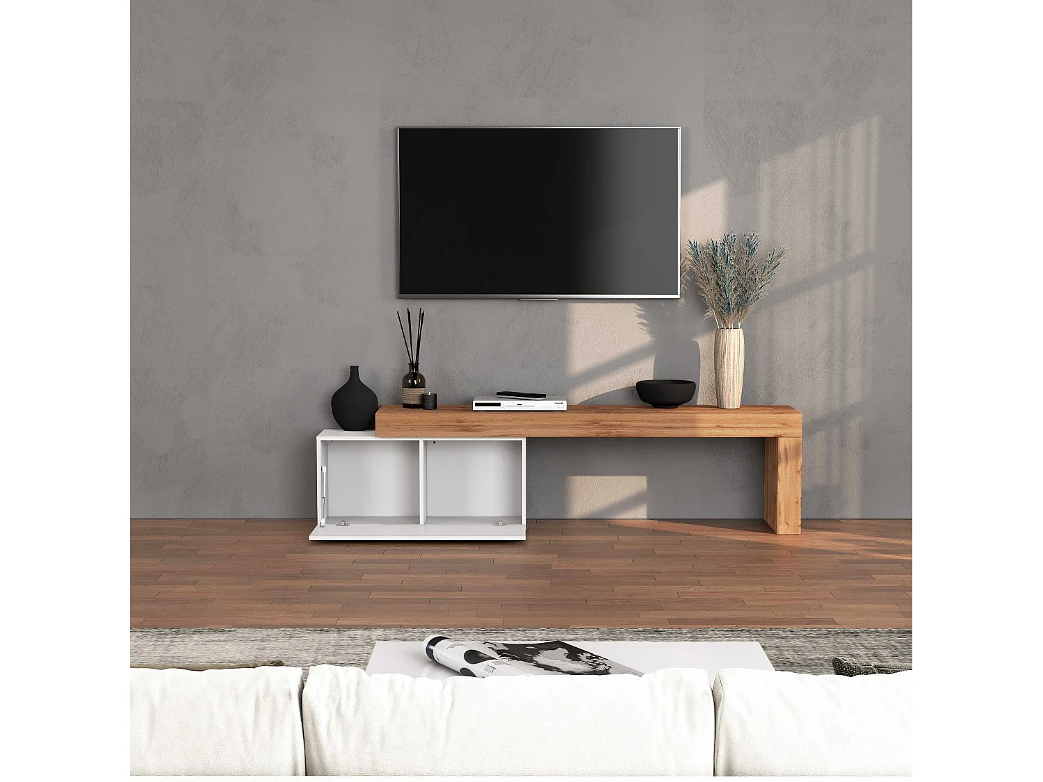 Mueble TV Chronos extensible con 1 puerta abatible blanco/roble 180/260x40x51 cm