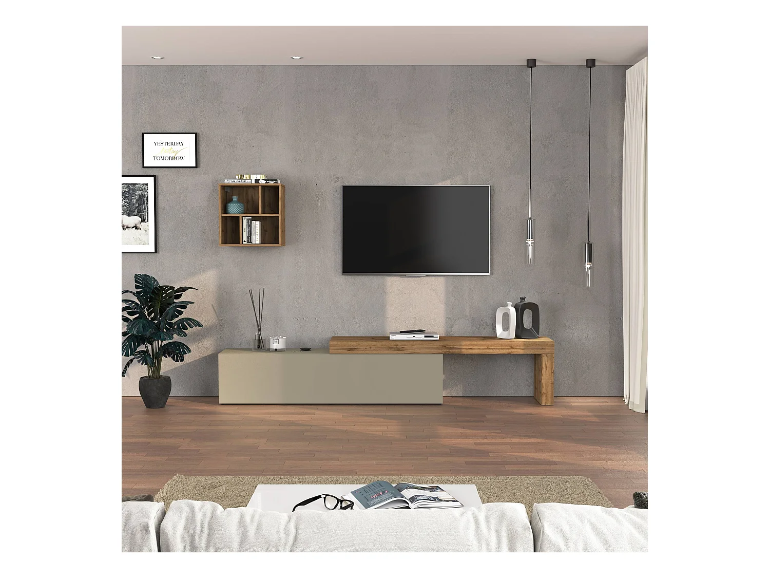 Parete attrezzata Chronos set soggiorno tortora opaco e rovere 190/350x40 cm