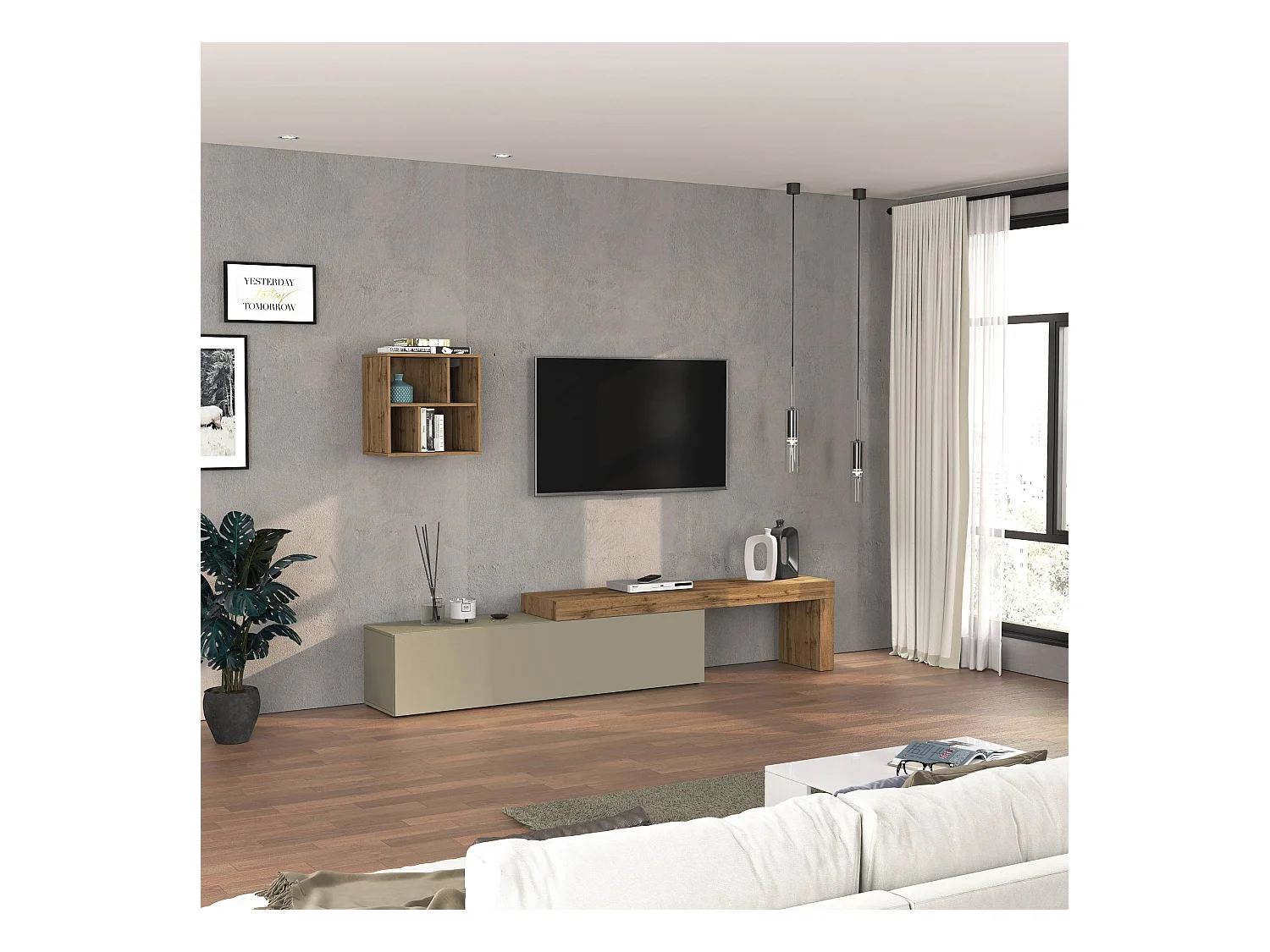 Parete attrezzata Chronos set soggiorno tortora opaco e rovere 190/350x40 cm