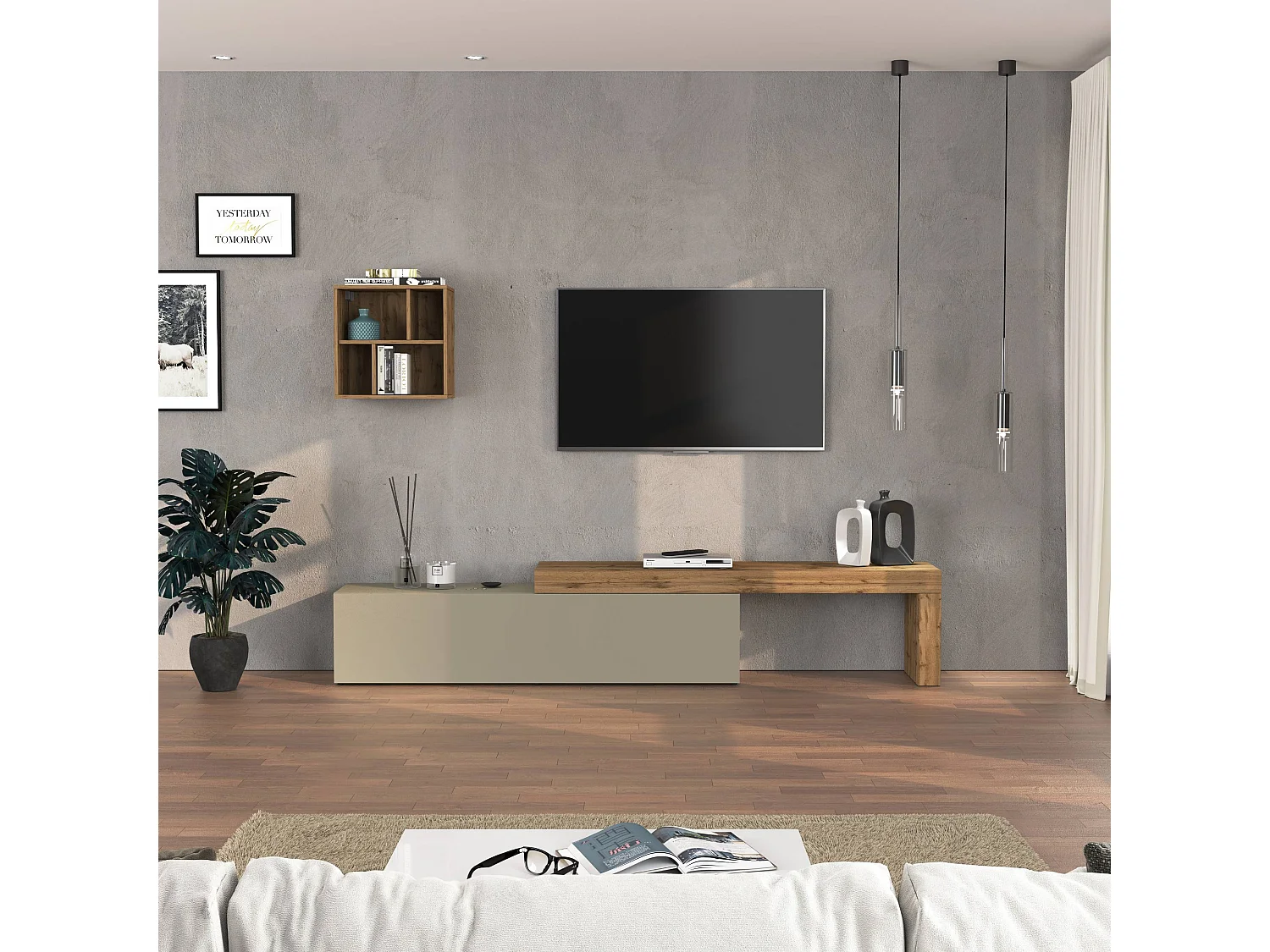 Parete attrezzata Chronos set soggiorno tortora opaco e rovere 190/350x40 cm