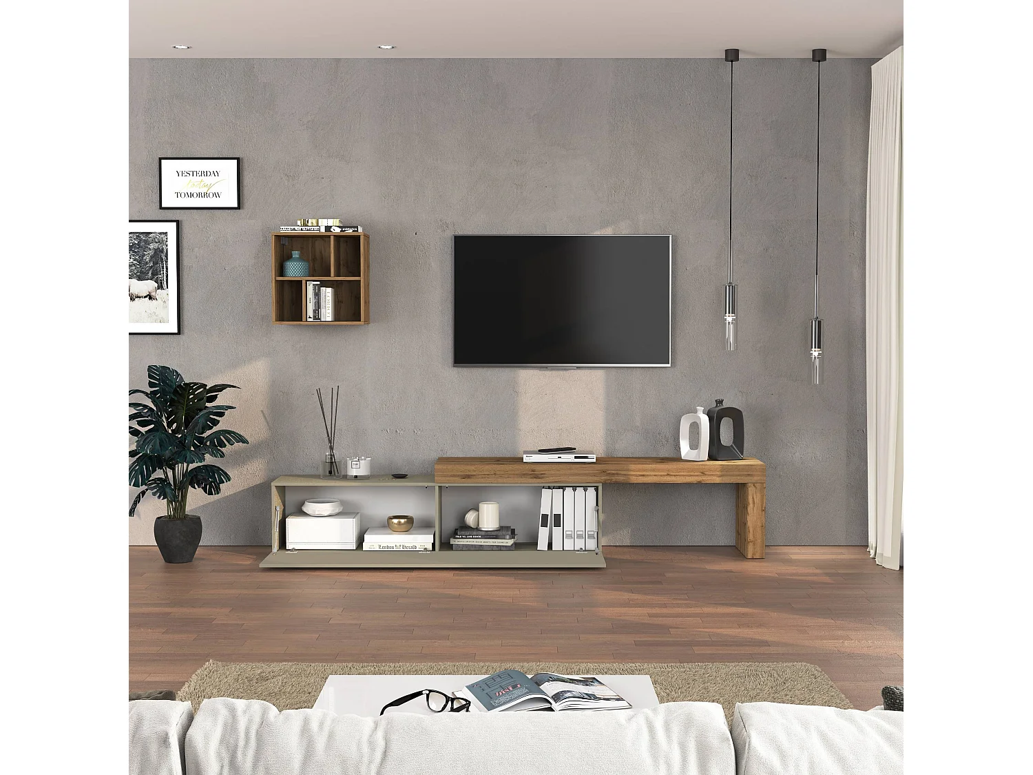 Parete attrezzata Chronos set soggiorno tortora opaco e rovere 190/350x40 cm