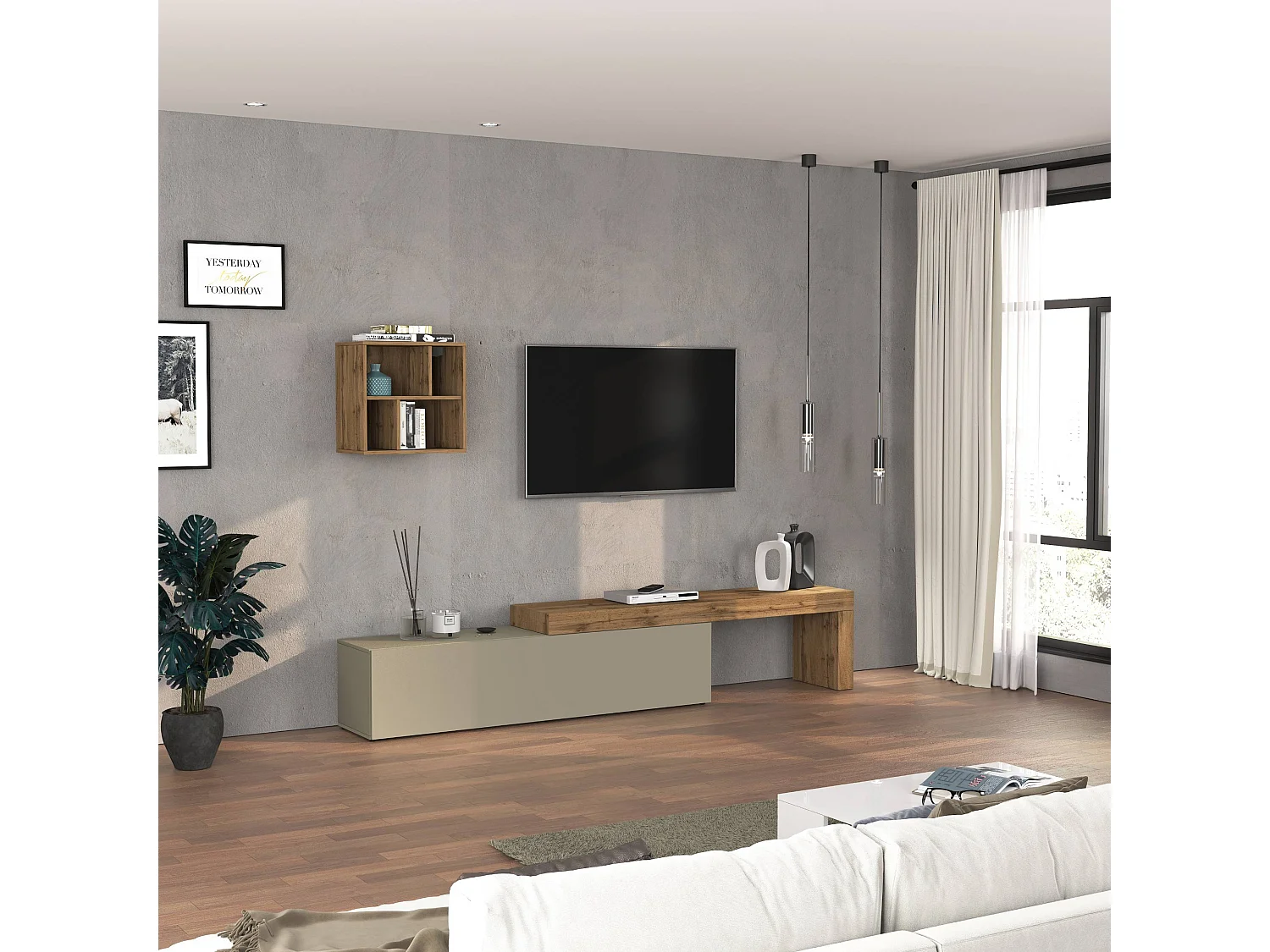 Parete attrezzata Chronos set soggiorno tortora opaco e rovere 190/350x40 cm