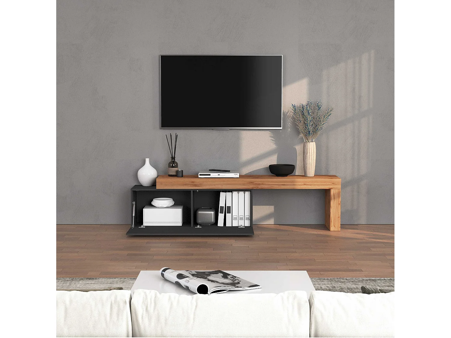 Mobile porta tv Chronos estensibile con 1 anta a ribalta antracite/rovere 180/290x40x51 cm