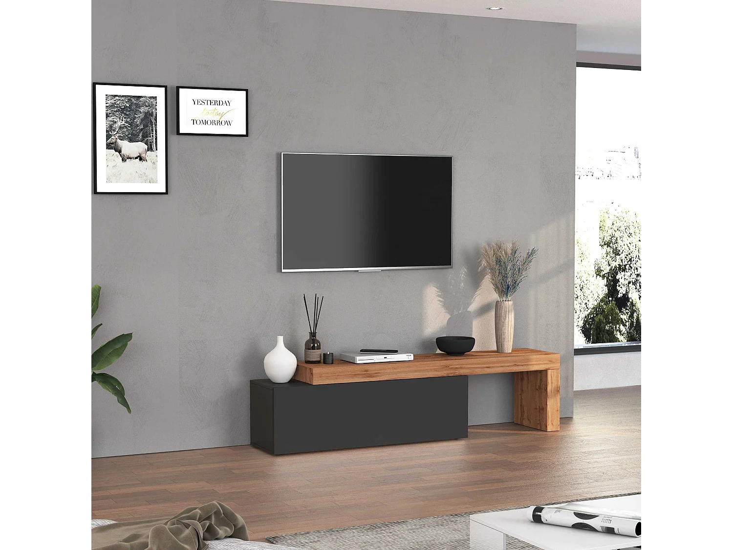 Mobile porta tv Chronos estensibile con 1 anta a ribalta antracite/rovere 180/290x40x51 cm