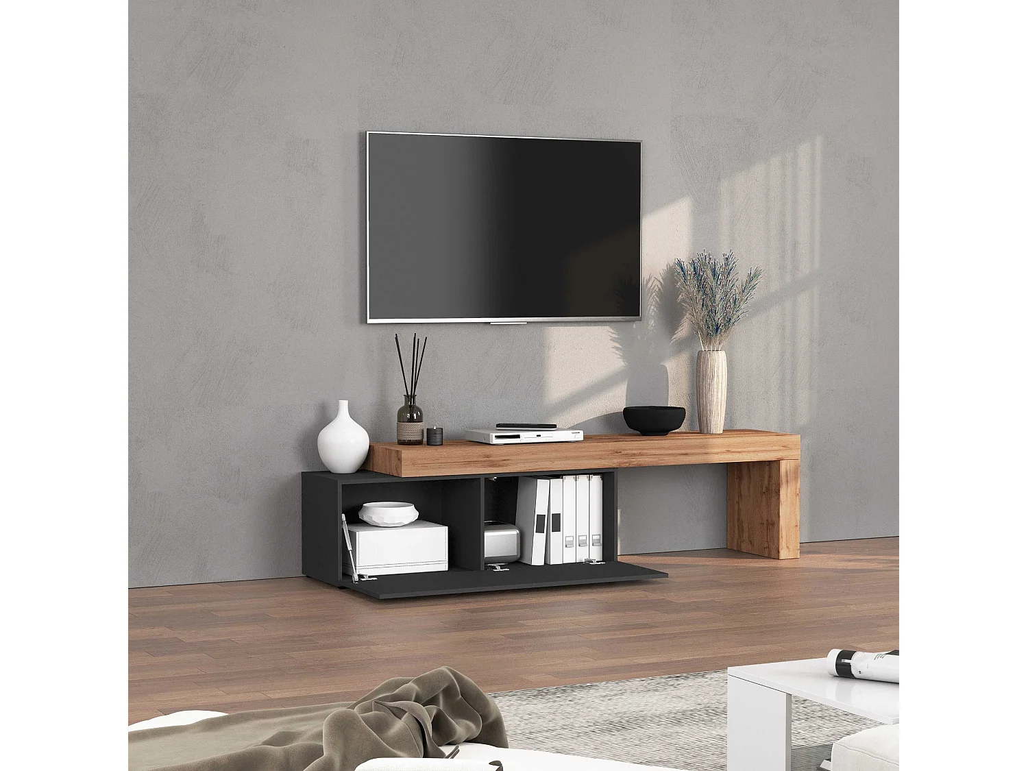 Mobile porta tv Chronos estensibile con 1 anta a ribalta antracite/rovere 180/290x40x51 cm