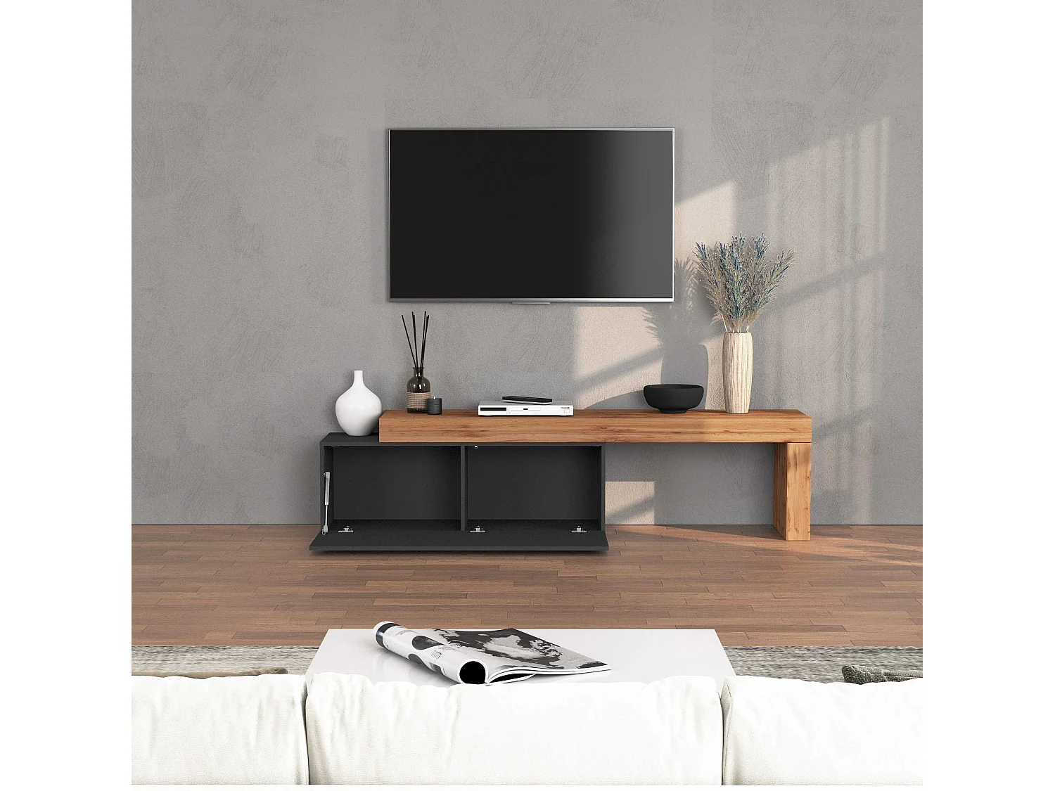Mobile porta tv Chronos estensibile con 1 anta a ribalta antracite/rovere 180/290x40x51 cm