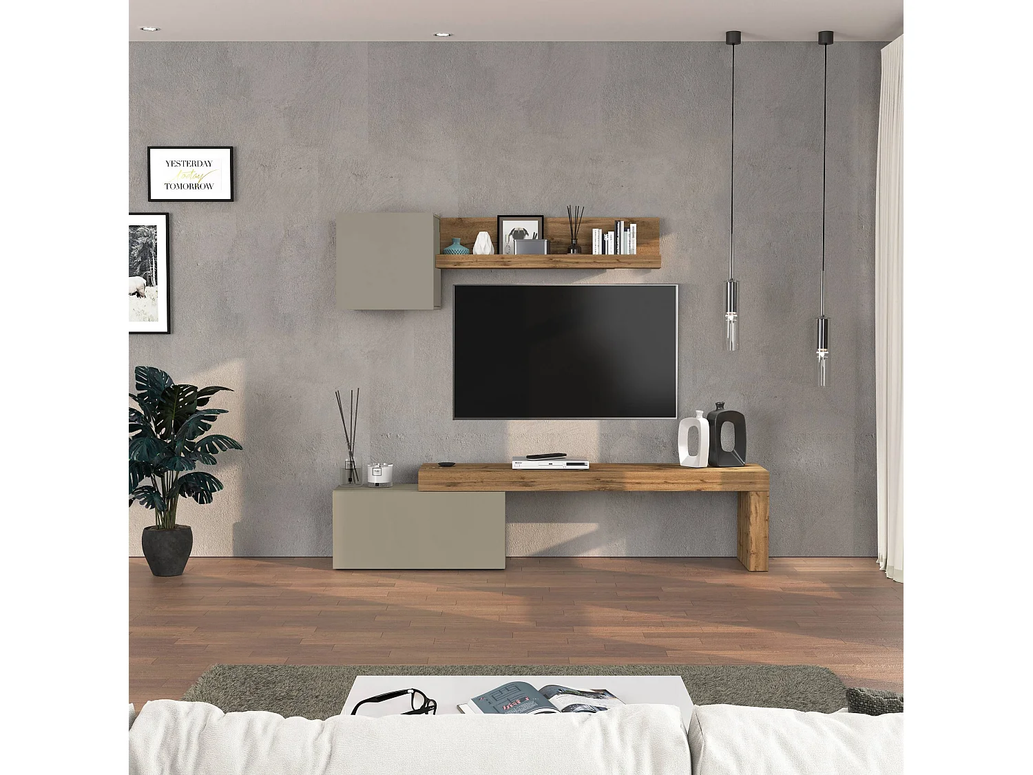 Parete attrezzata Chronos set soggiorno tortora opaco e rovere 180/260x40 cm