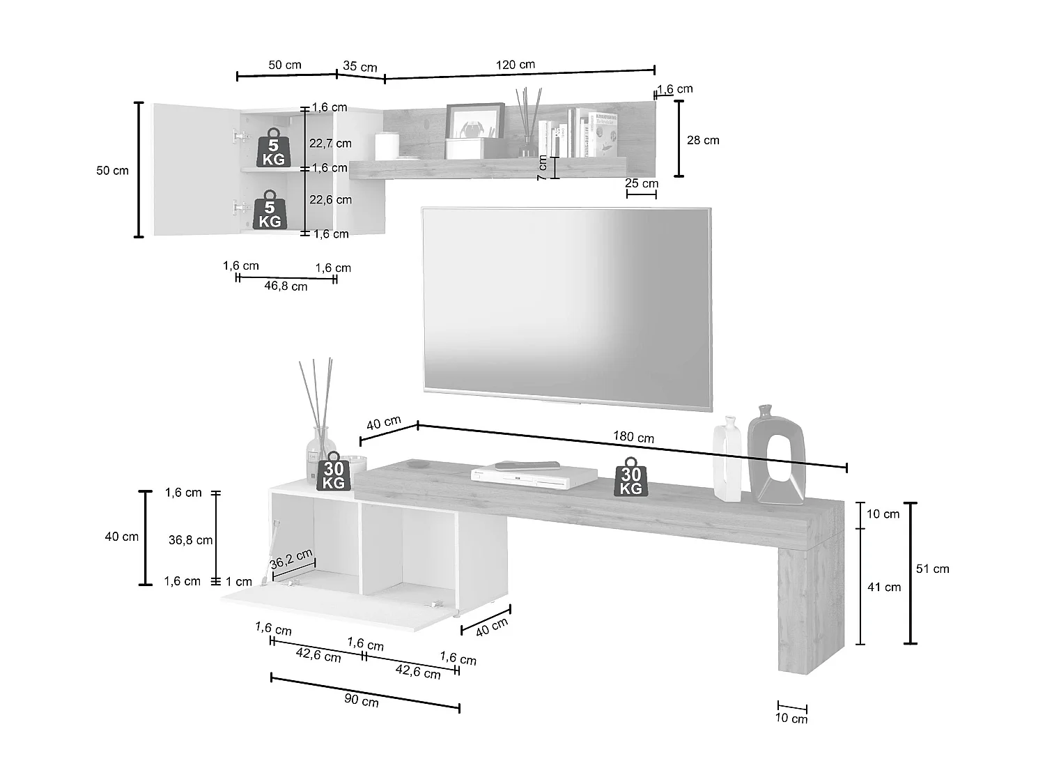 Parete attrezzata Chronos set soggiorno tortora opaco e rovere 180/260x40 cm