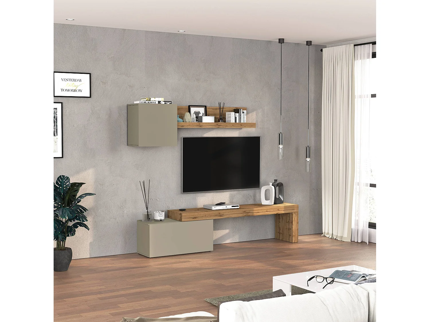 Parete attrezzata Chronos set soggiorno tortora opaco e rovere 180/260x40 cm