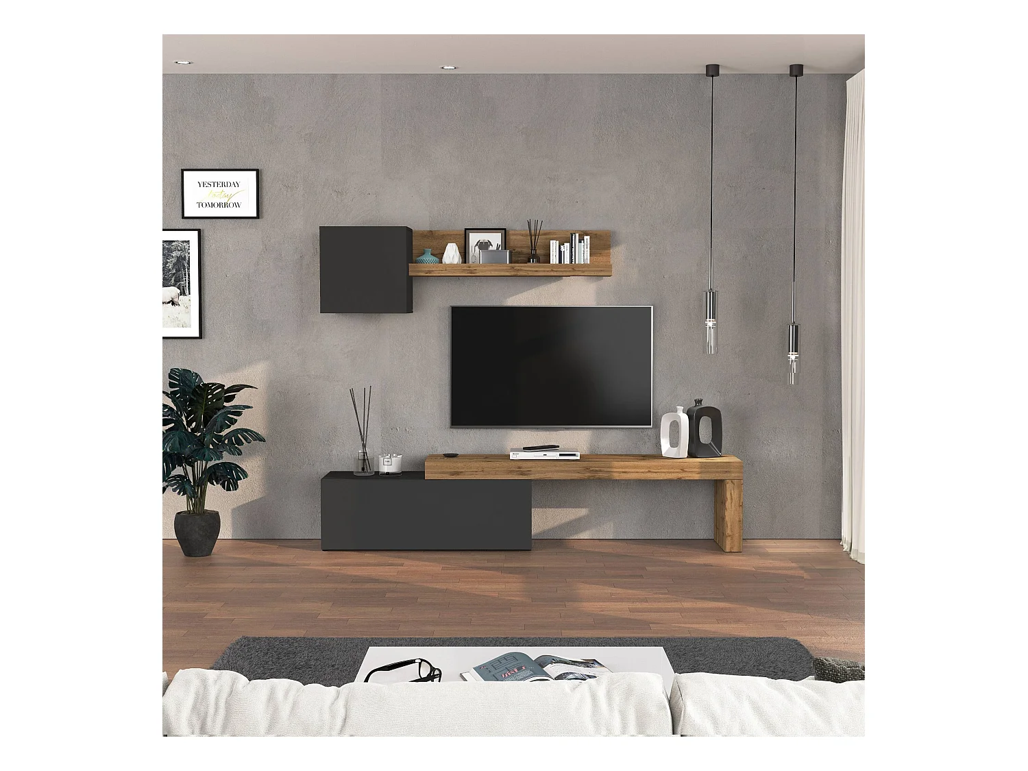 Parete attrezzata Chronos set soggiorno antracite opaco e rovere 180/290x40 cm