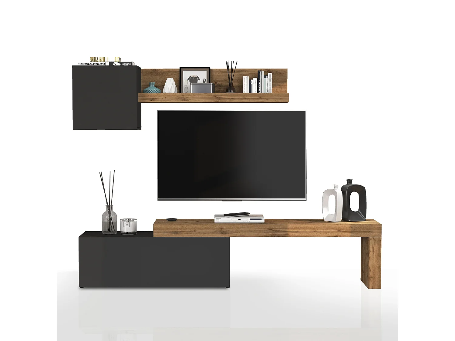 Conjunto de mueble de TV Chronos para salón en gris antracita mate y roble 180/290x40 cm