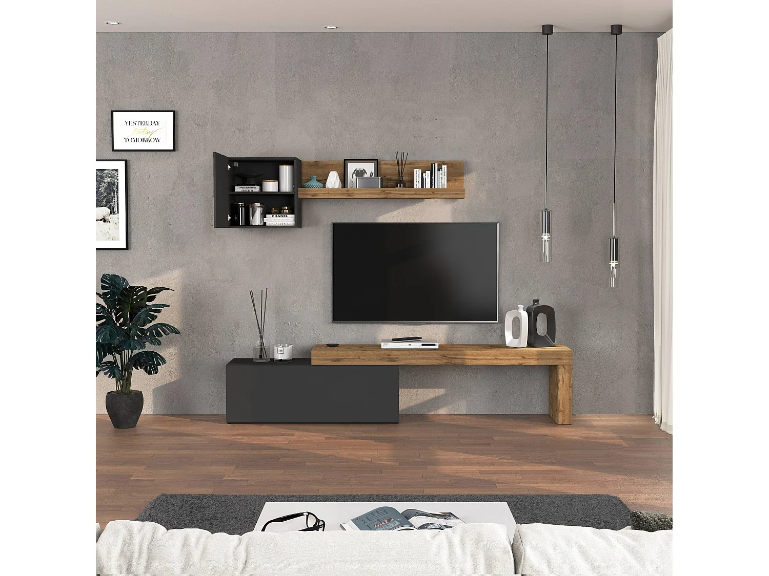 Conjunto de mueble de TV Chronos para salón en gris antracita mate y roble 180/290x40 cm