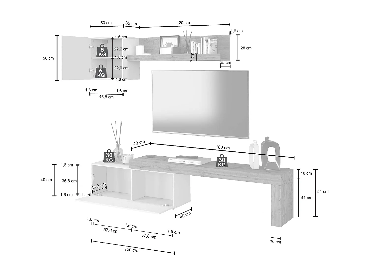 Conjunto de mueble de TV Chronos para salón en gris antracita mate y roble 180/290x40 cm