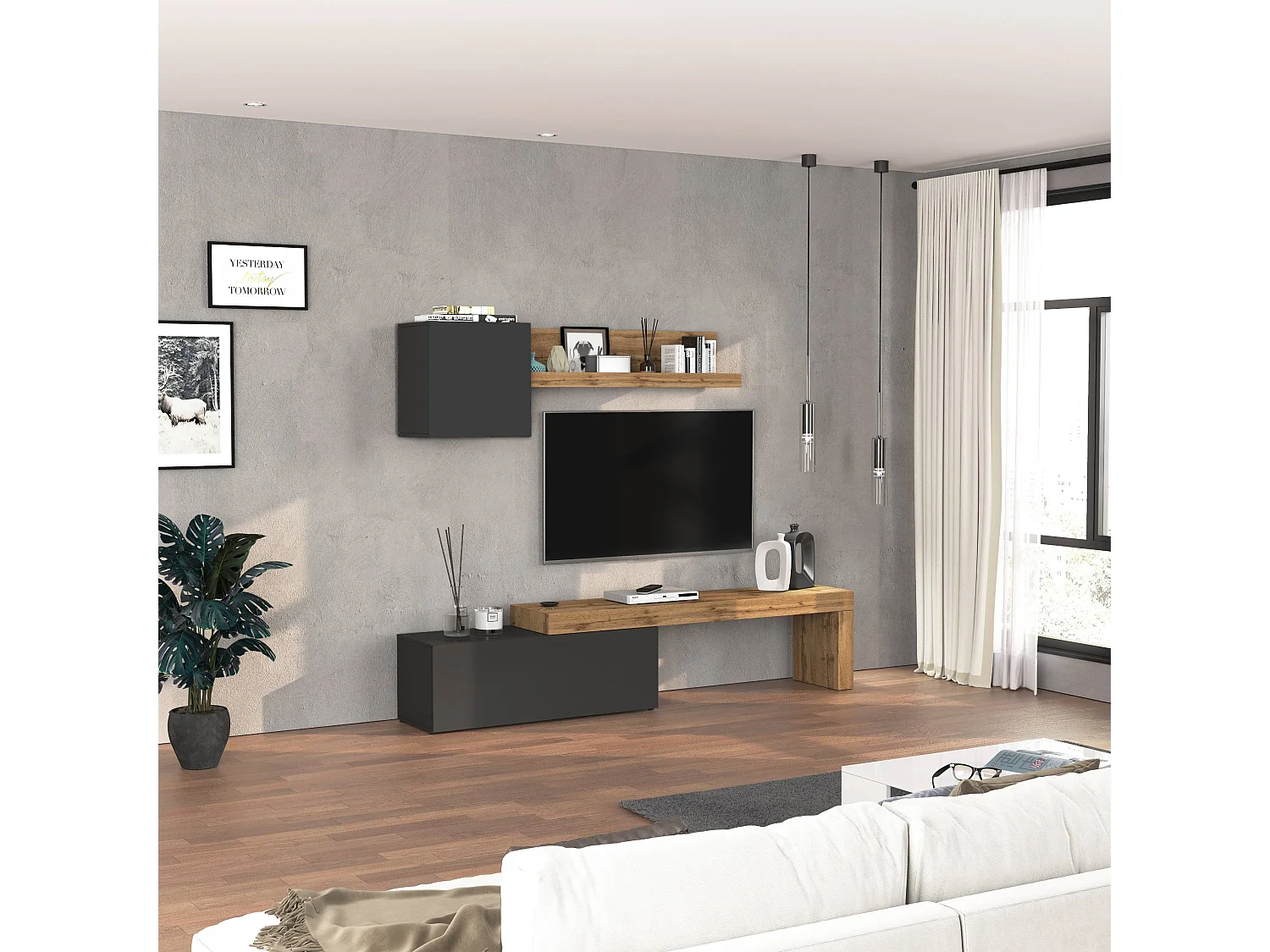 Conjunto de mueble de TV Chronos para salón en gris antracita mate y roble 180/290x40 cm