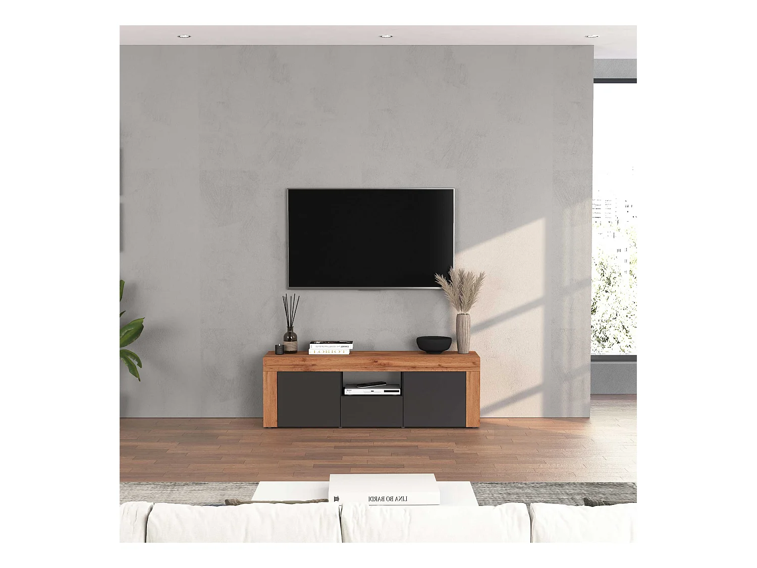 Mobile porta tv Chronos a 2 ante e 1 cassetto antracite opaco e rovere 155x40x51 cm