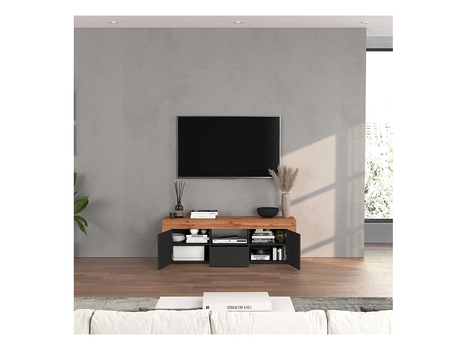 Mobile porta tv Chronos a 2 ante e 1 cassetto antracite opaco e rovere 155x40x51 cm