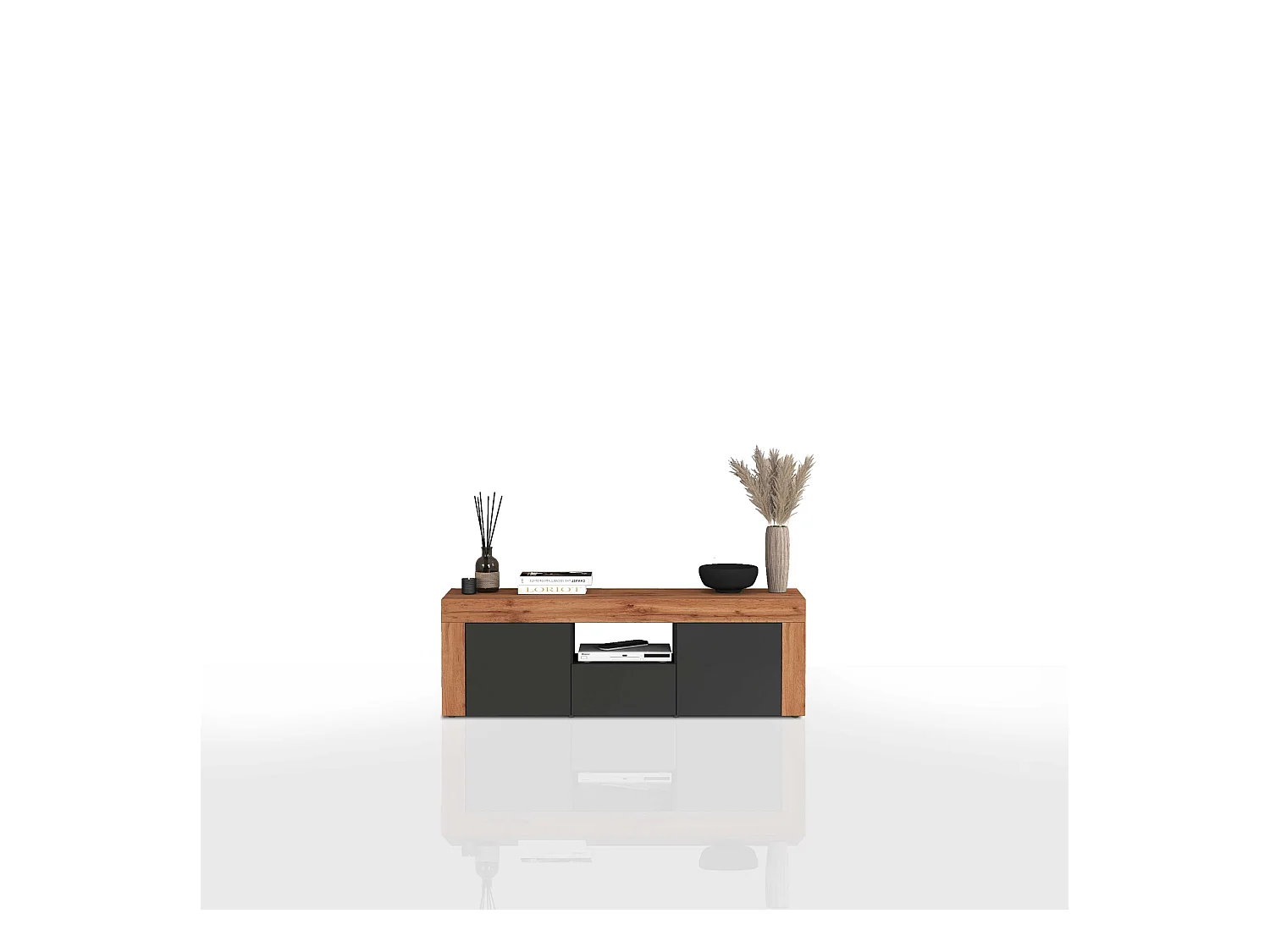 Mobile porta tv Chronos a 2 ante e 1 cassetto antracite opaco e rovere 155x40x51 cm